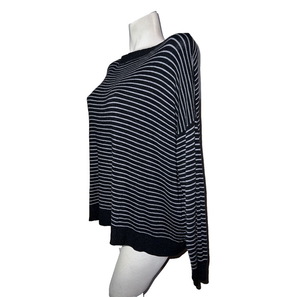 Eileen Fisher Sweater Women’s XL Black Gray Striped Boat Neck Boxy LS Knit Top - Picture 4 of 9